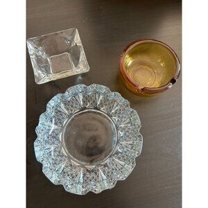 Amber Thick Clear Crystal Glass Set Of 3 Cigarette Ashtray Decorative Vintage